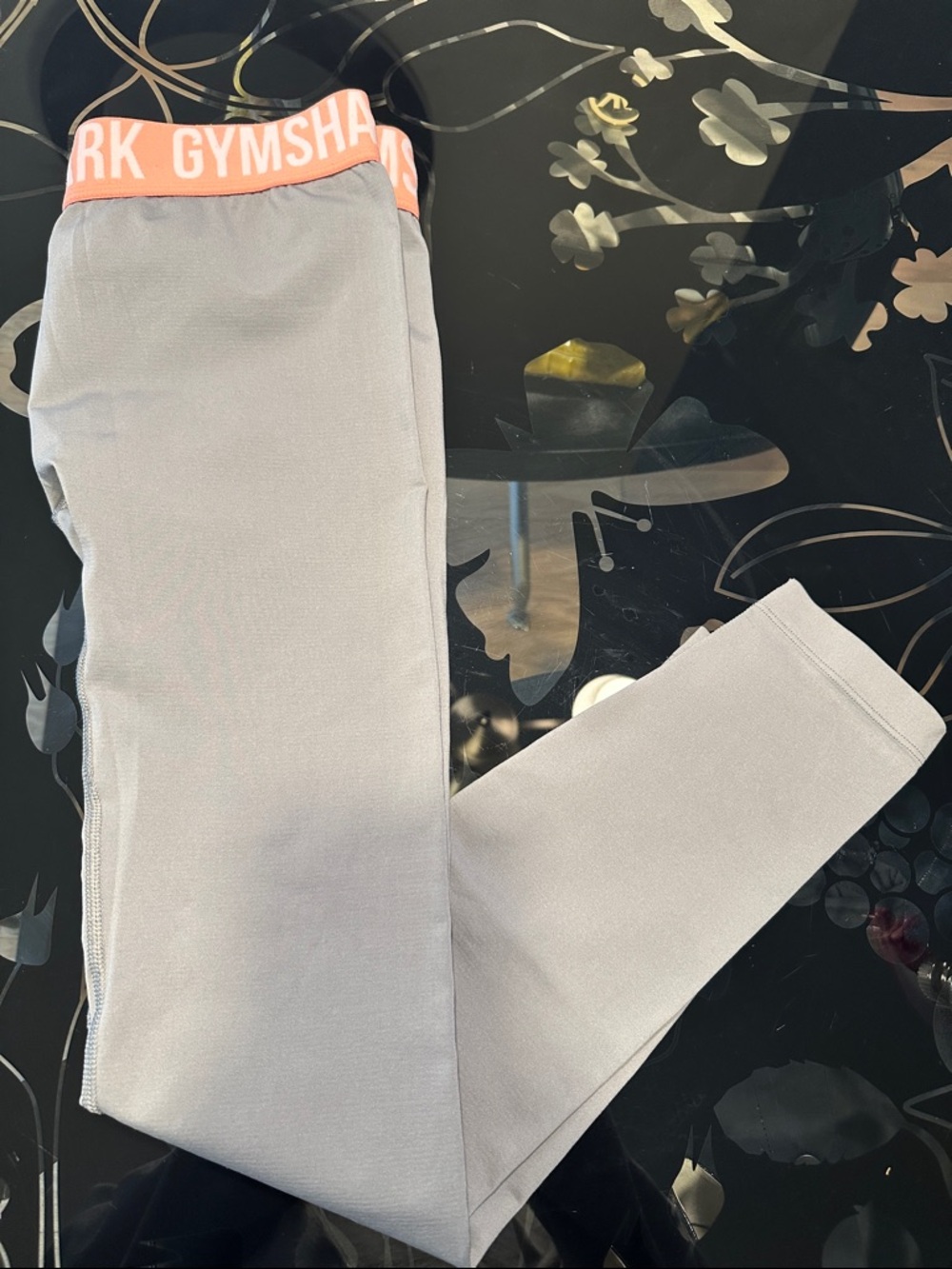 Gymshark Woman’s Large Gray Leggings with Coral Logo Waistband